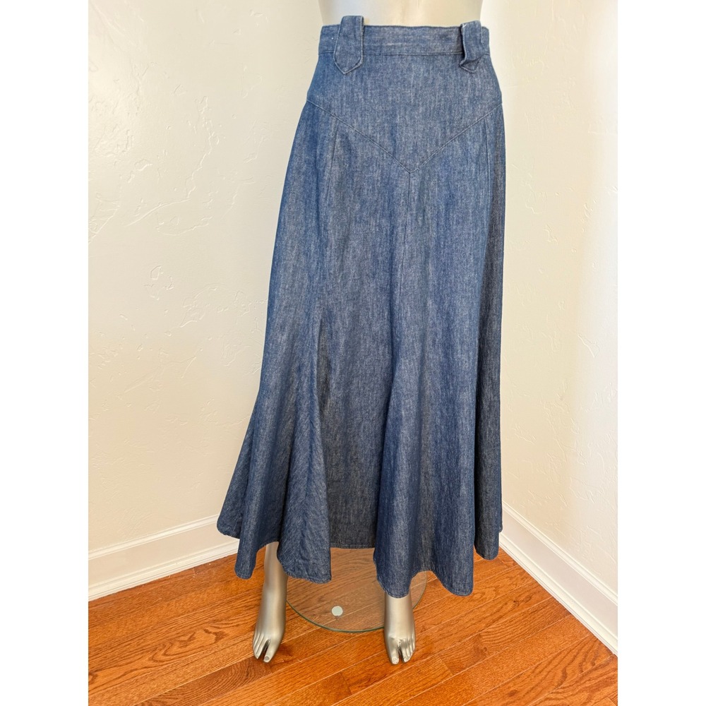 Vintage Circle T by Marilyn Lenox Denim Maxi Skirt‎ Flared Godet Western Cowgirl